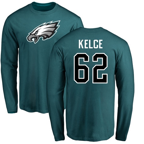 Men Philadelphia Eagles #62 Jason Kelce Green Name and Number Logo Long Sleeve NFL T Shirt->nfl t-shirts->Sports Accessory